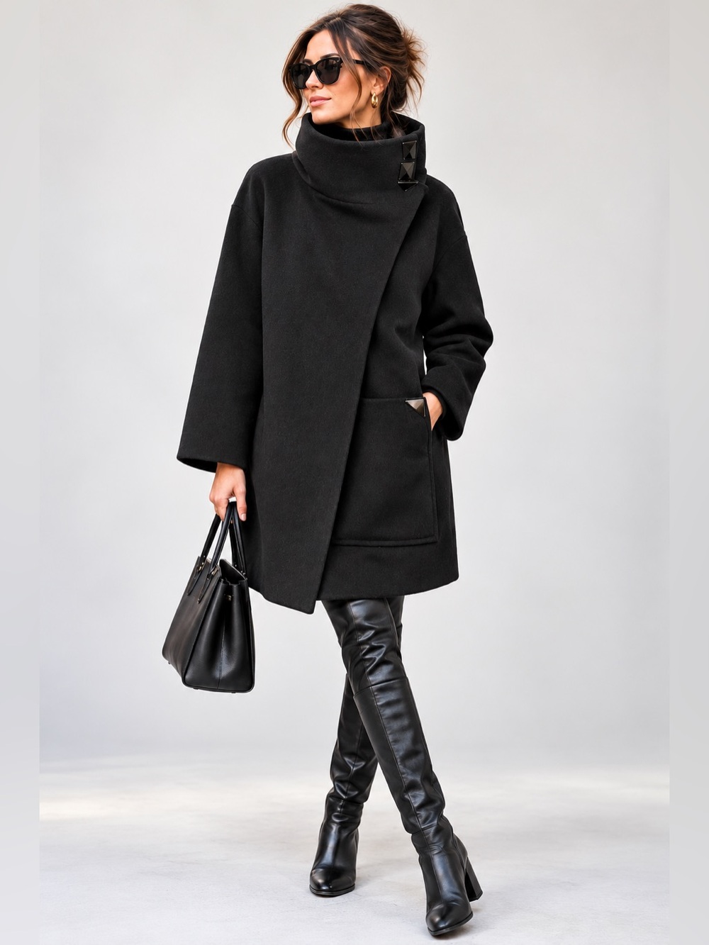 Zara Woman Wool Angora Funnel Neck Asymmetric Coat Black L